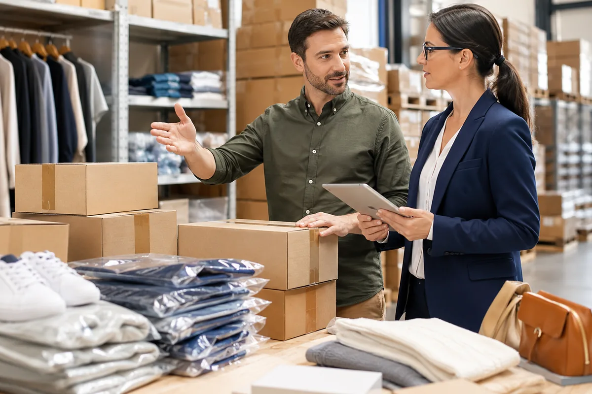 Ispezione professionale di uno stock di abbigliamento in magazzino