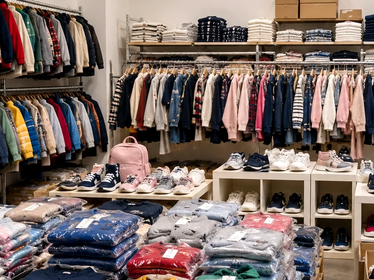 Showroom luminoso con abbigliamento bambino scarpe e accessori pronti alla vendita stock