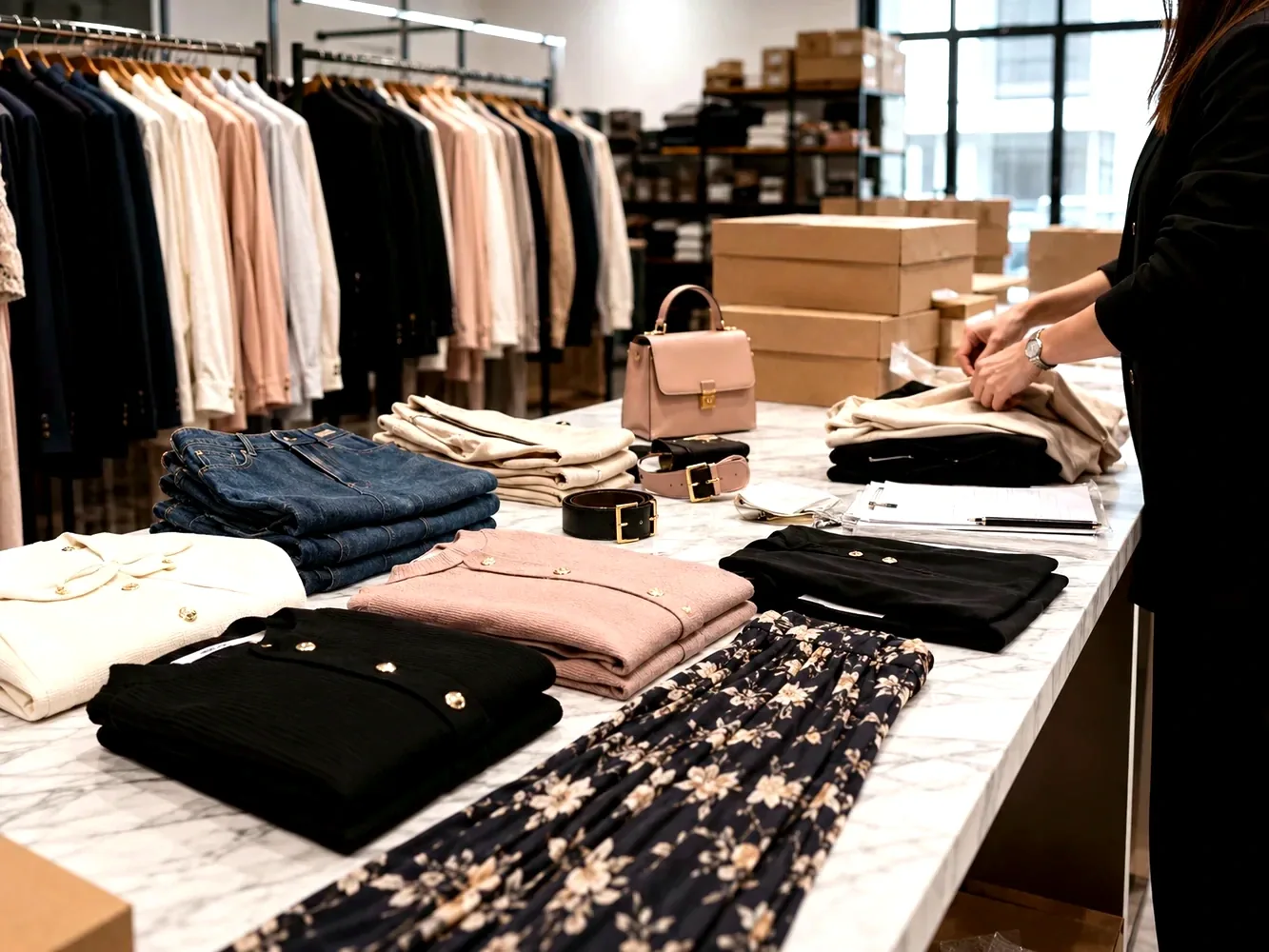 Valutazione stock abbigliamento firmato con capi piegati scatole e controllo merce in showroom luminoso