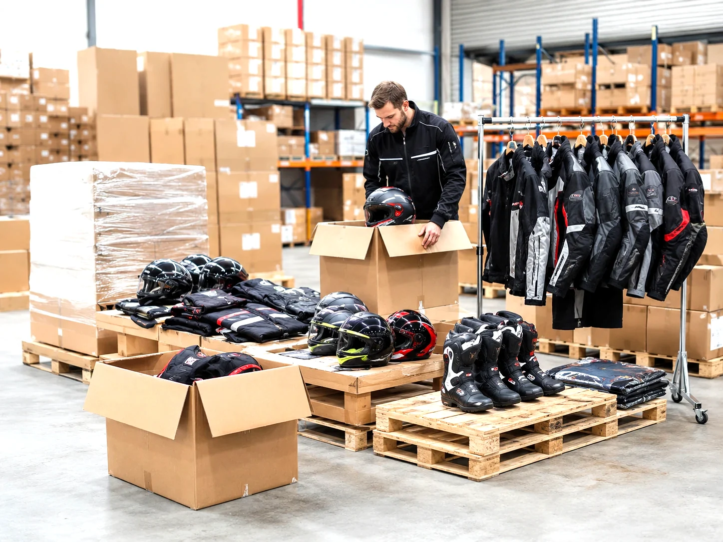 Ritiro e logistica stock abbigliamento moto con scatole pallet caschi e accessori pronti per il trasporto