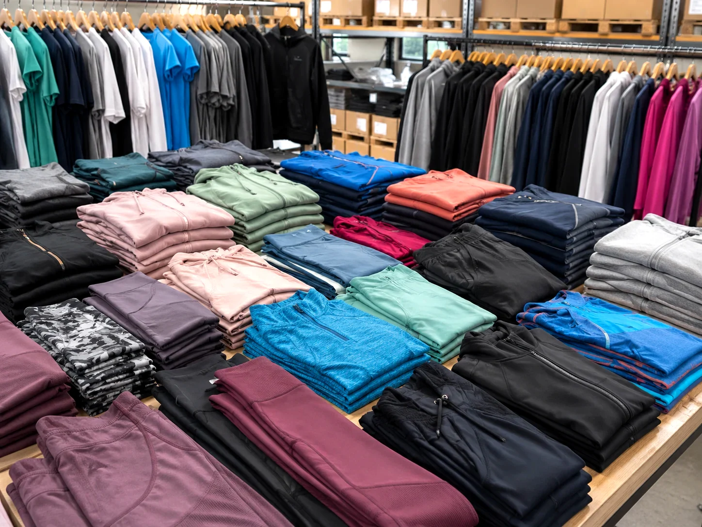 Valutazione stock abbigliamento sportivo con tute felpe leggings scatole e controllo merce