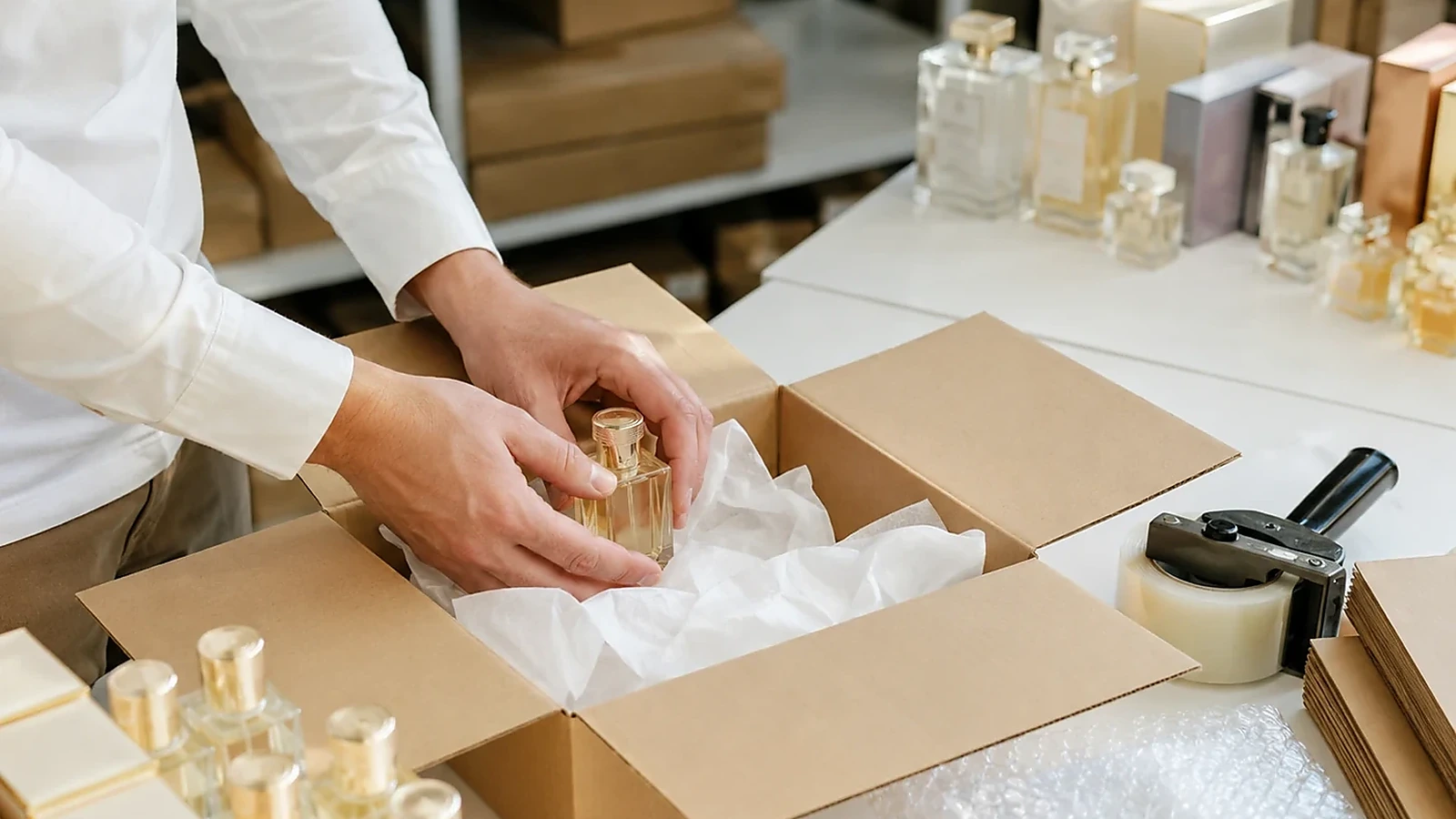 Preparazione logistica di stock cosmetica con scatole prodotti beauty colli e imballaggi