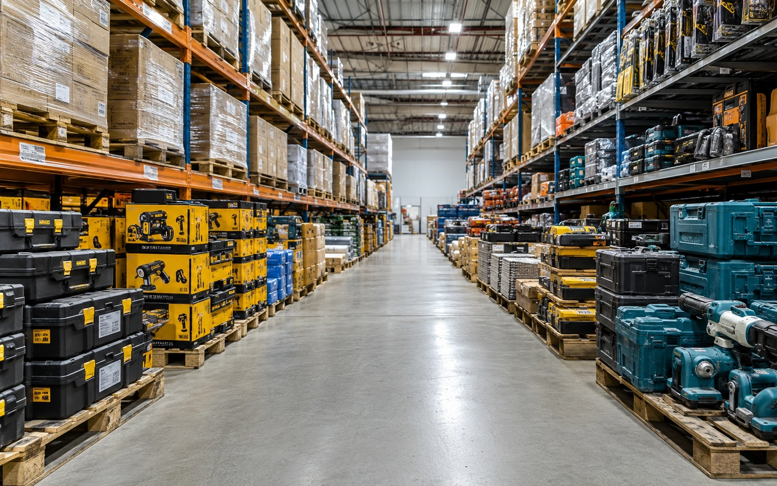 Magazzino ferramenta con pallet scatole e stock utensili pronto per ritiro