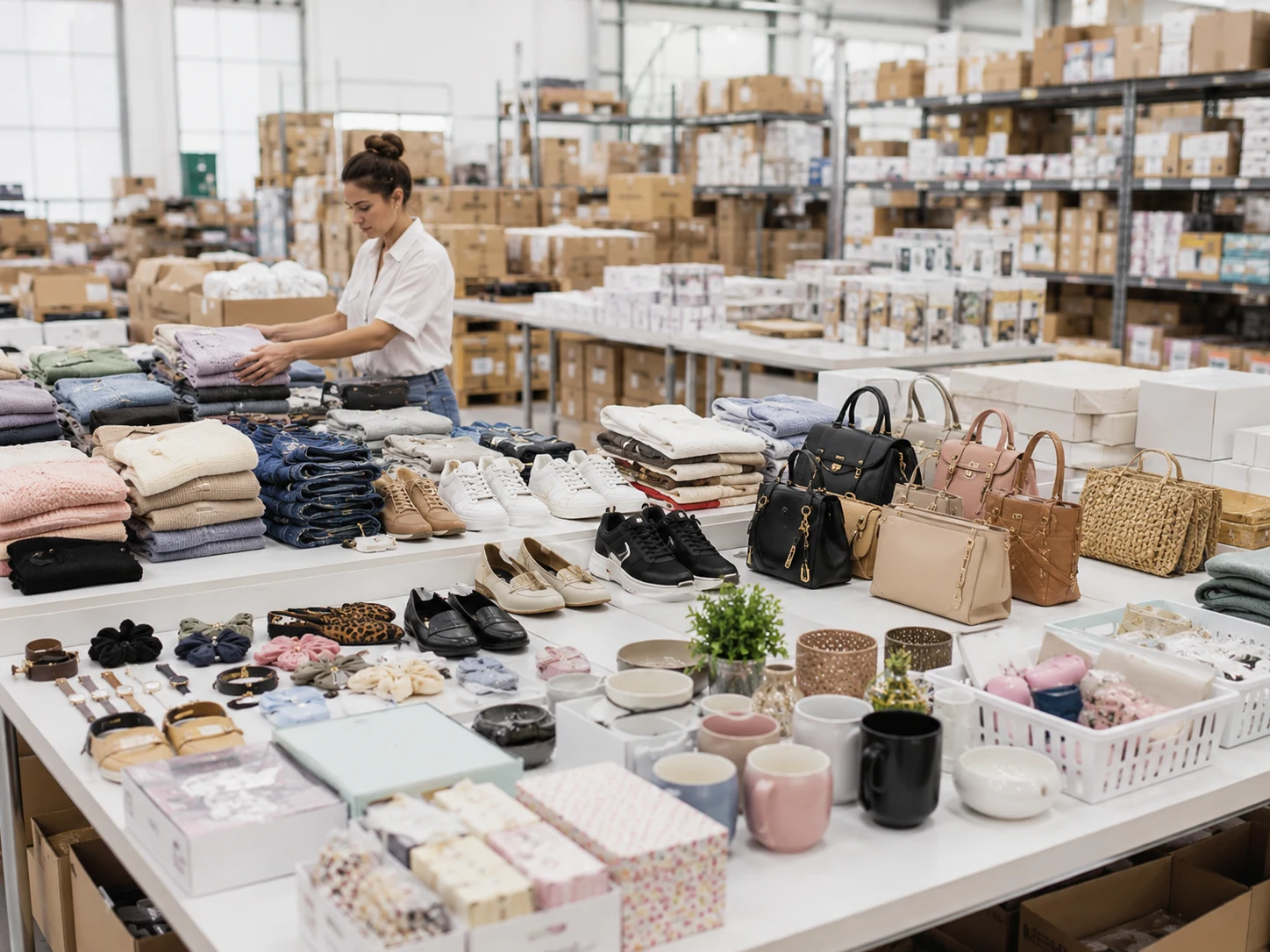 Assortimento luminoso di stock misti con abbigliamento calzature borse accessori e articoli casa su tavoli di valutazione