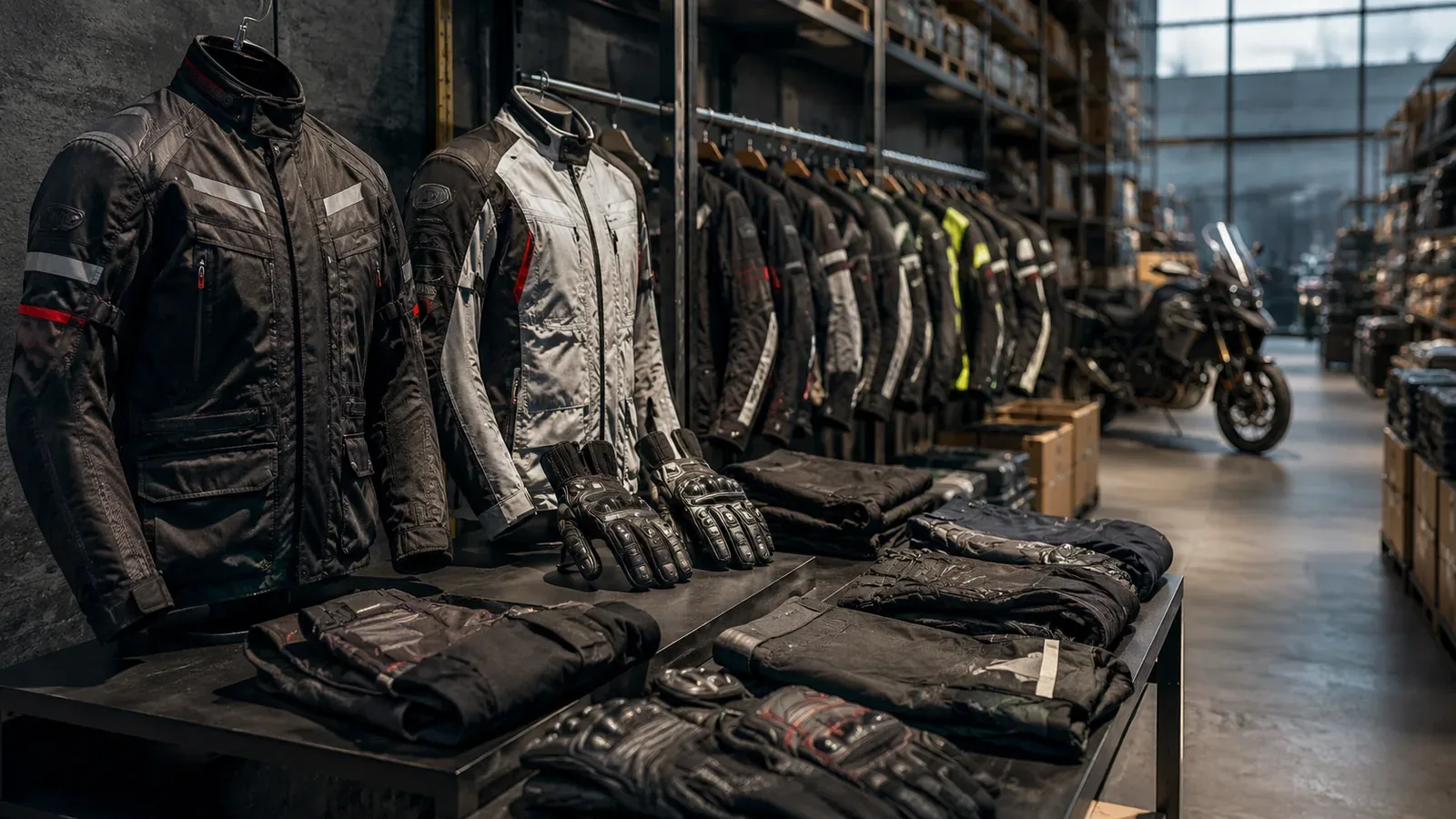 Stock abbigliamento moto all’ingrosso con giacche tecniche, pantaloni, guanti, accessori e capi biker