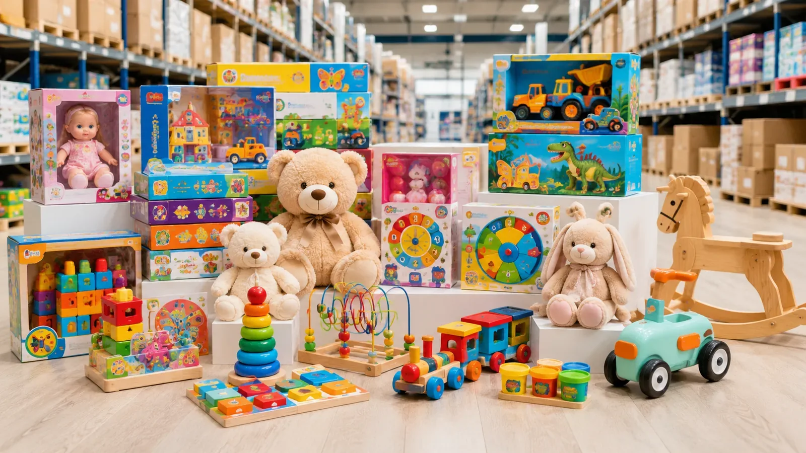 Stock giochi all’ingrosso con giocattoli, peluche, giochi educativi e articoli per bambini in magazzino